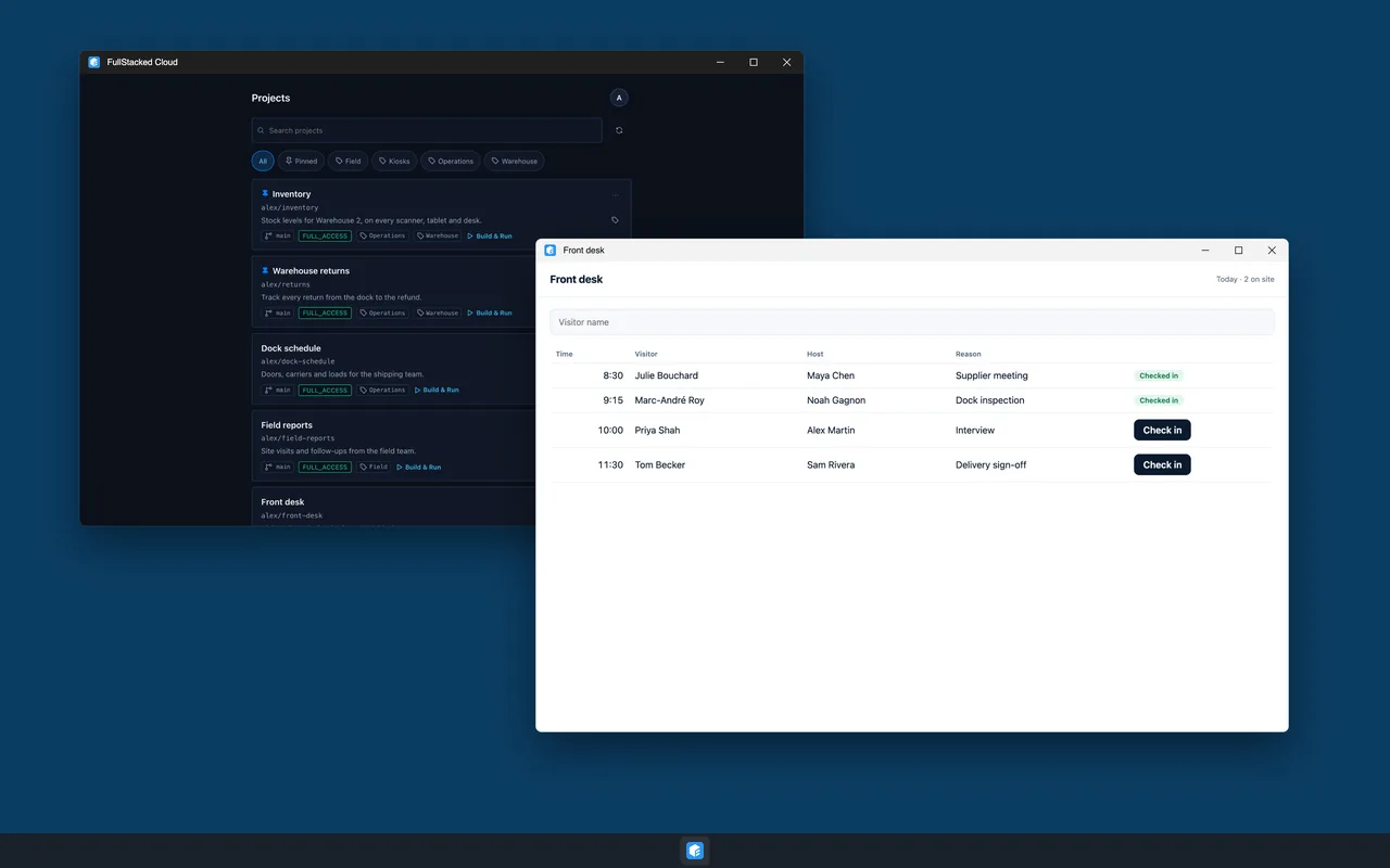 The Front desk project in its own window on Windows 11, next to the FullStacked project list