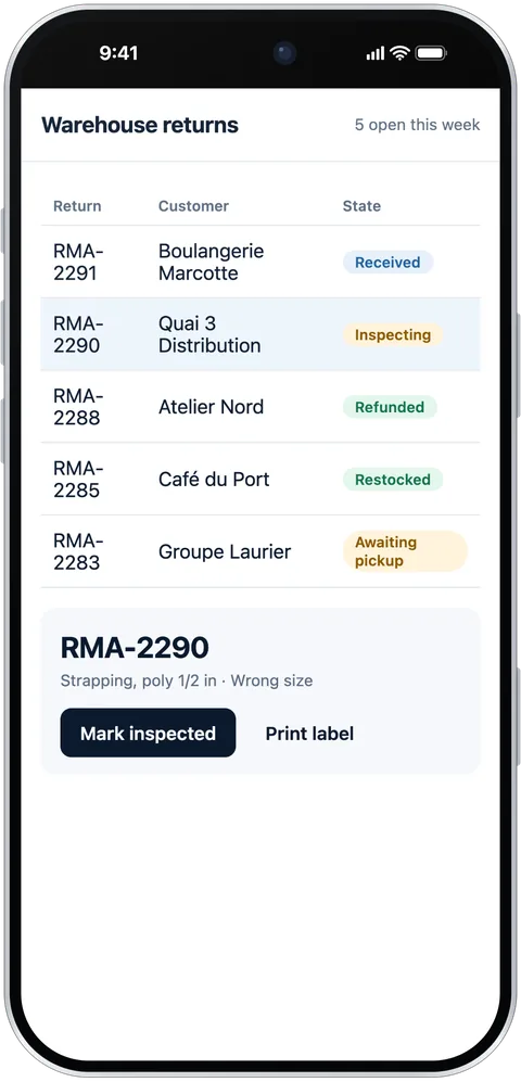 The Warehouse returns project on an iPhone: open returns and their state
